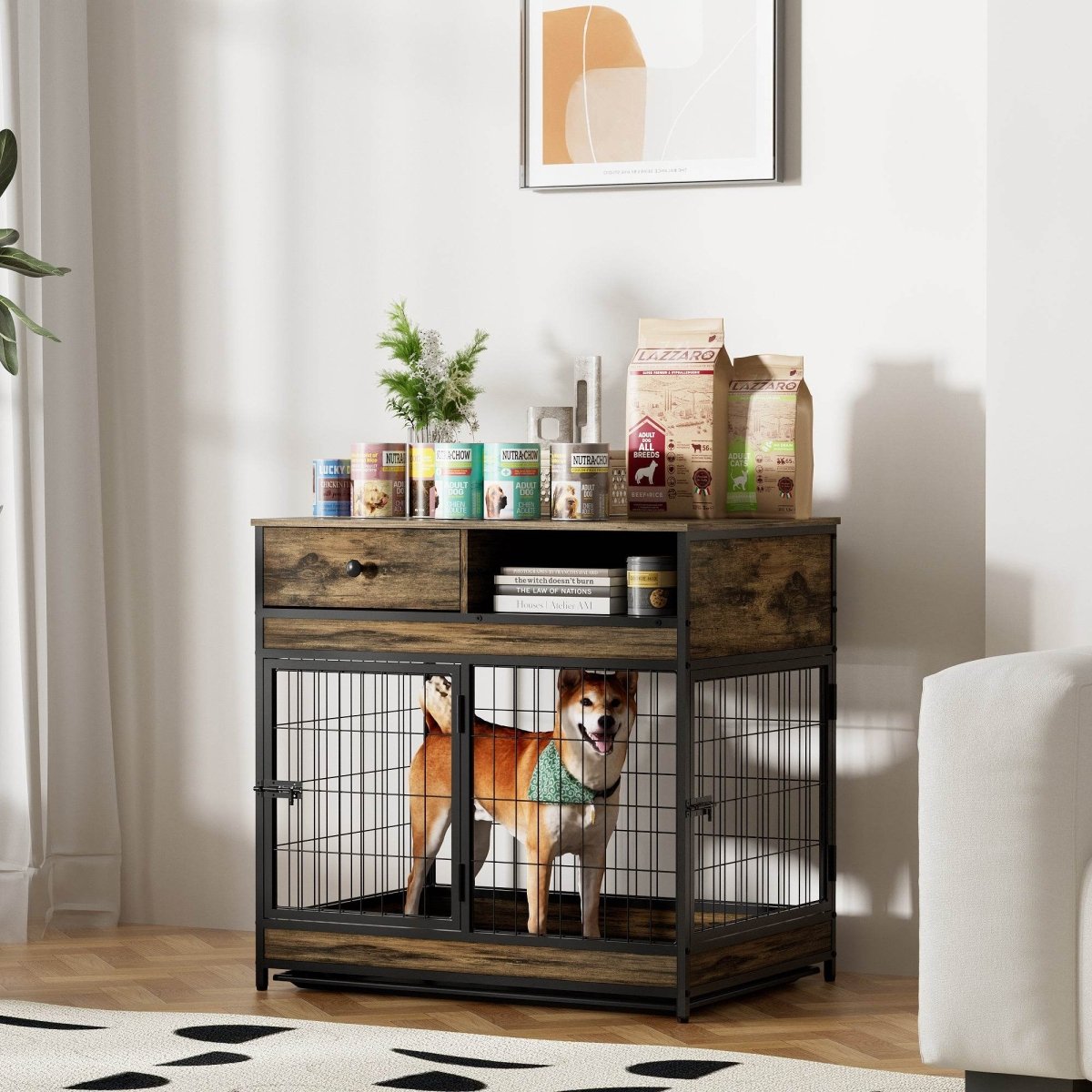 Indoor Rustic Metal Wood Dog Cage Crate With Double Doors - Omega Lifestyles