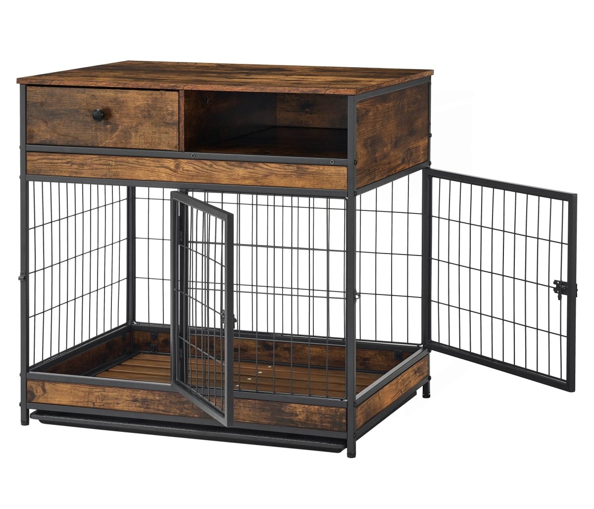 Indoor Rustic Metal Wood Dog Cage Crate With Double Doors - Omega Lifestyles