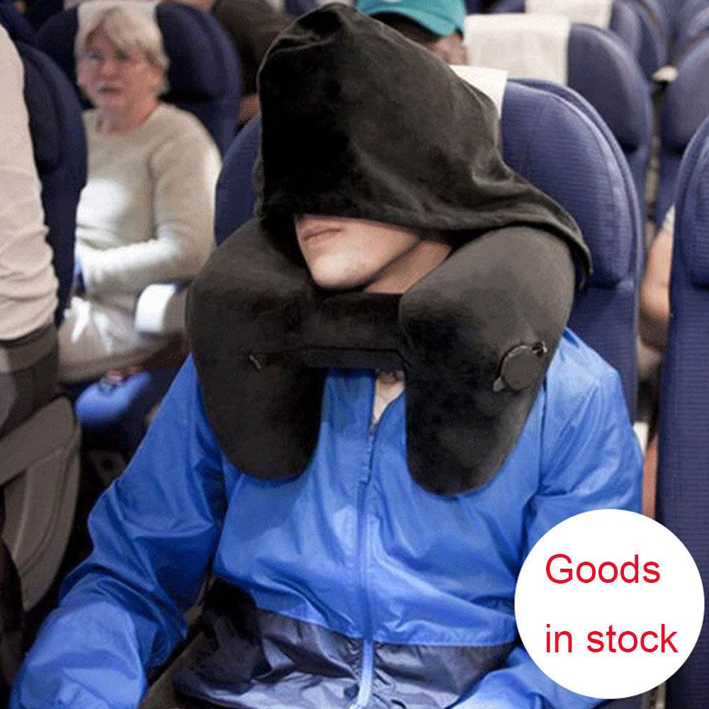 Inflatable Hooded Travel Neck Pillow With Velvet Cover - Sleep Galleria
