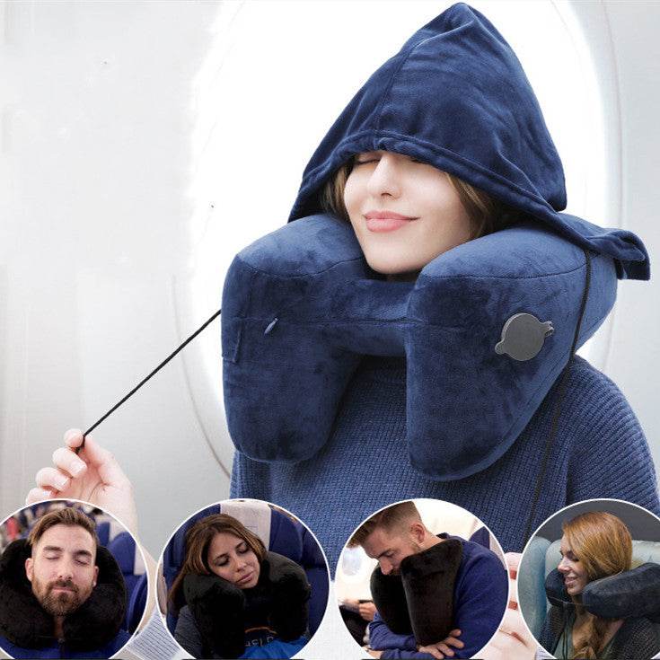 Inflatable Hooded Travel Neck Pillow With Velvet Cover - Sleep Galleria