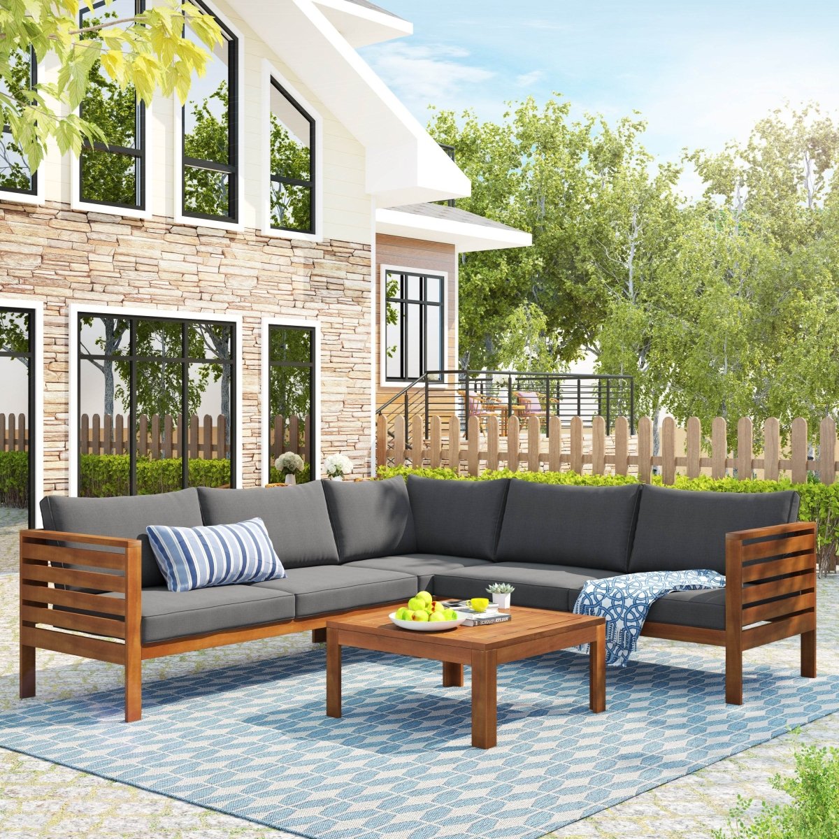 Japanese Style Acacia Wood Outdoor Sofa Set With Cushions - Sleep Galleria