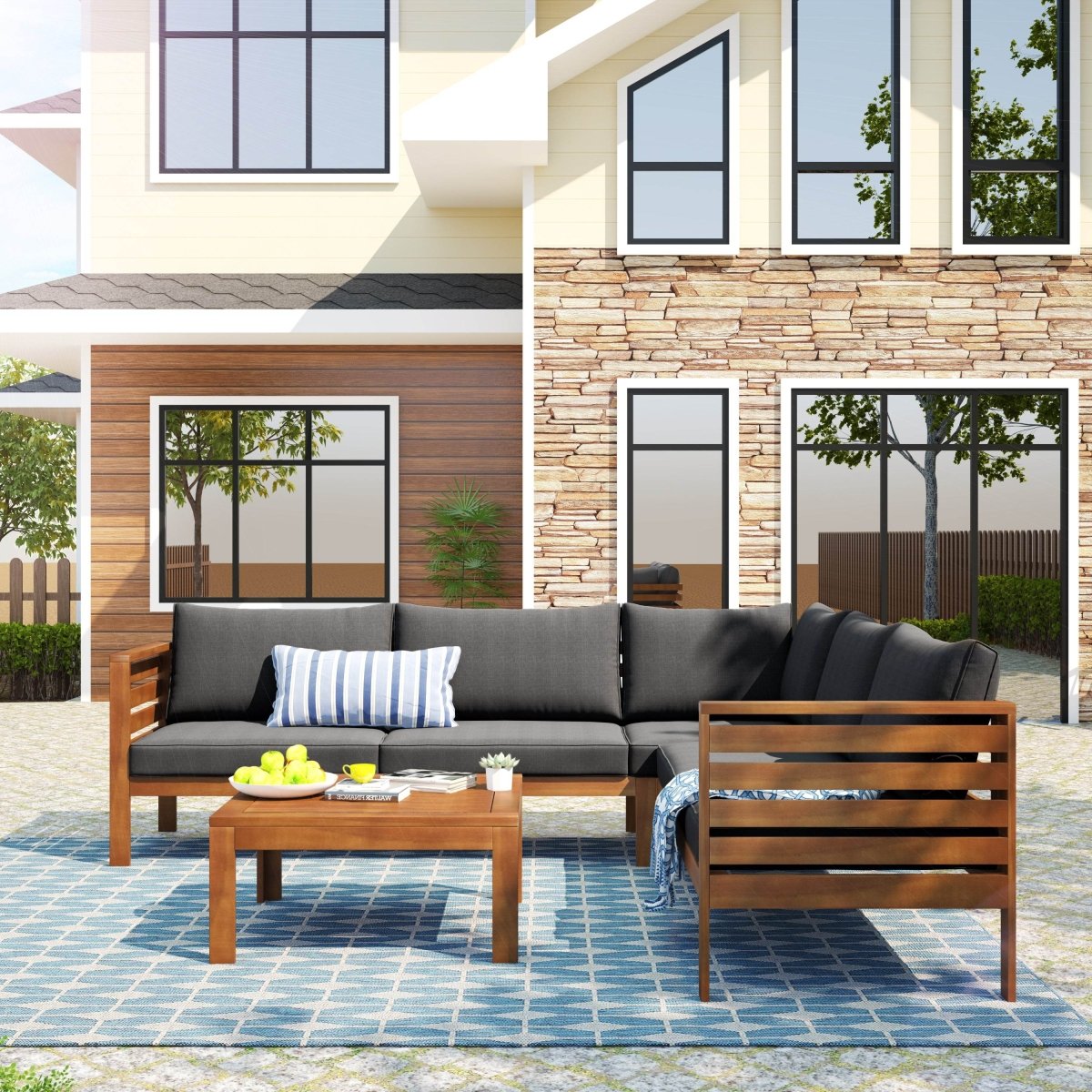 Japanese Style Acacia Wood Outdoor Sofa Set With Cushions - Sleep Galleria