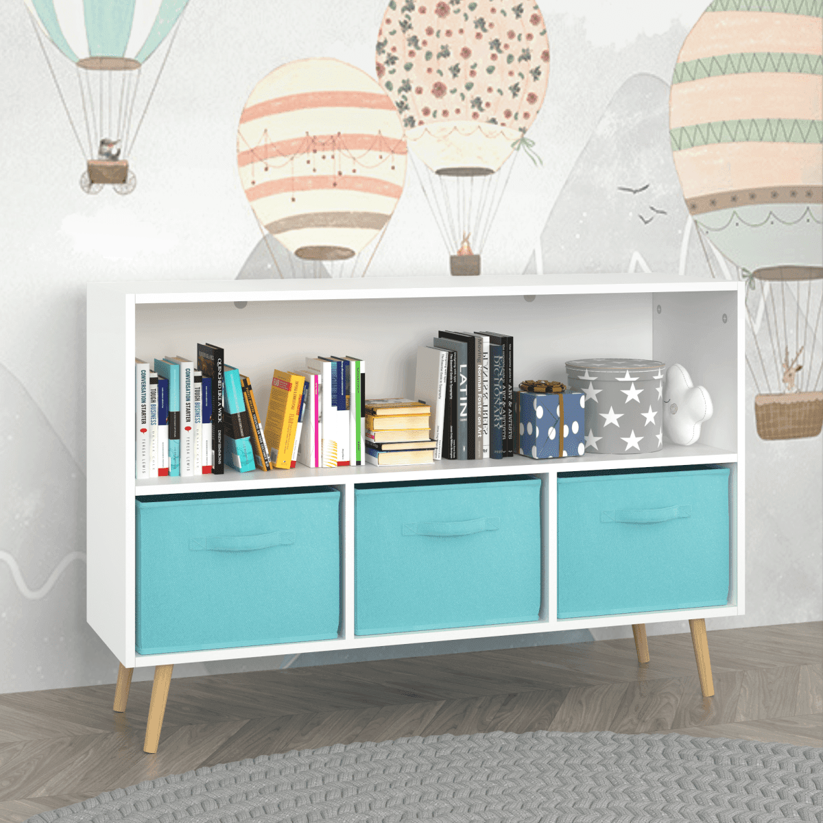 Kids MDF Bookcase With Collapsible Fabric Drawers - Sleep Galleria