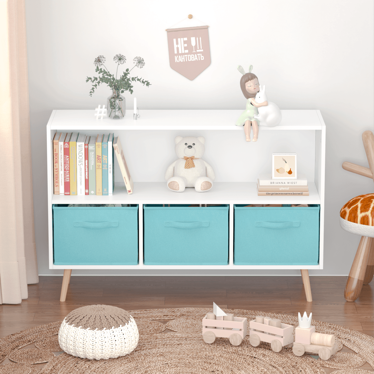 Kids MDF Bookcase With Collapsible Fabric Drawers - Sleep Galleria