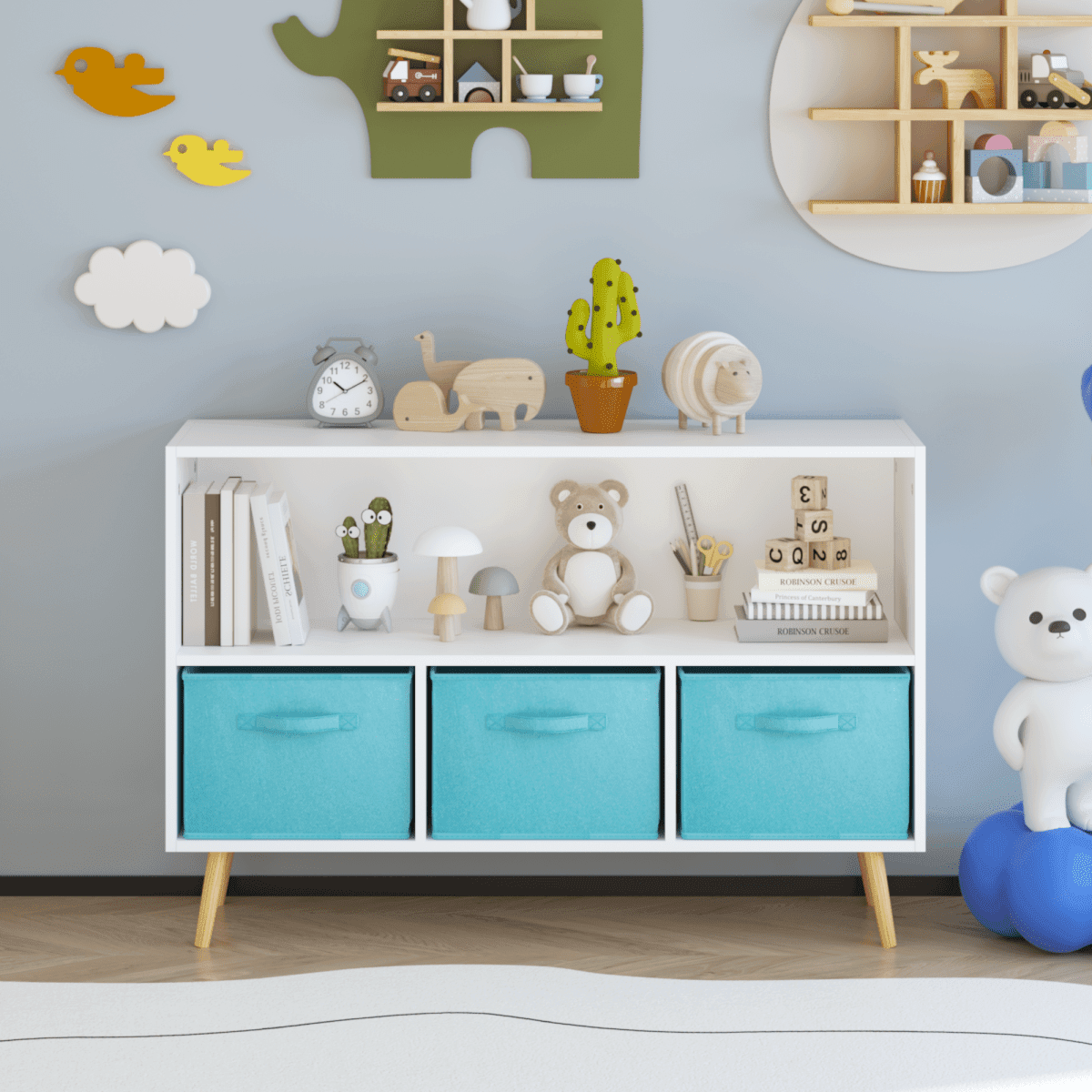 Kids MDF Bookcase With Collapsible Fabric Drawers - Sleep Galleria