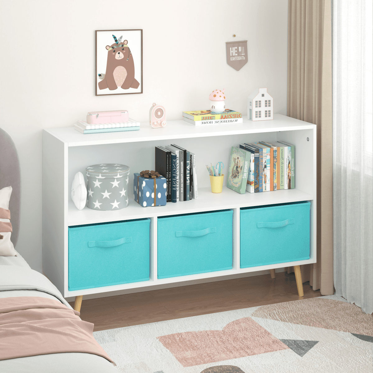 Kids MDF Bookcase With Collapsible Fabric Drawers - Sleep Galleria