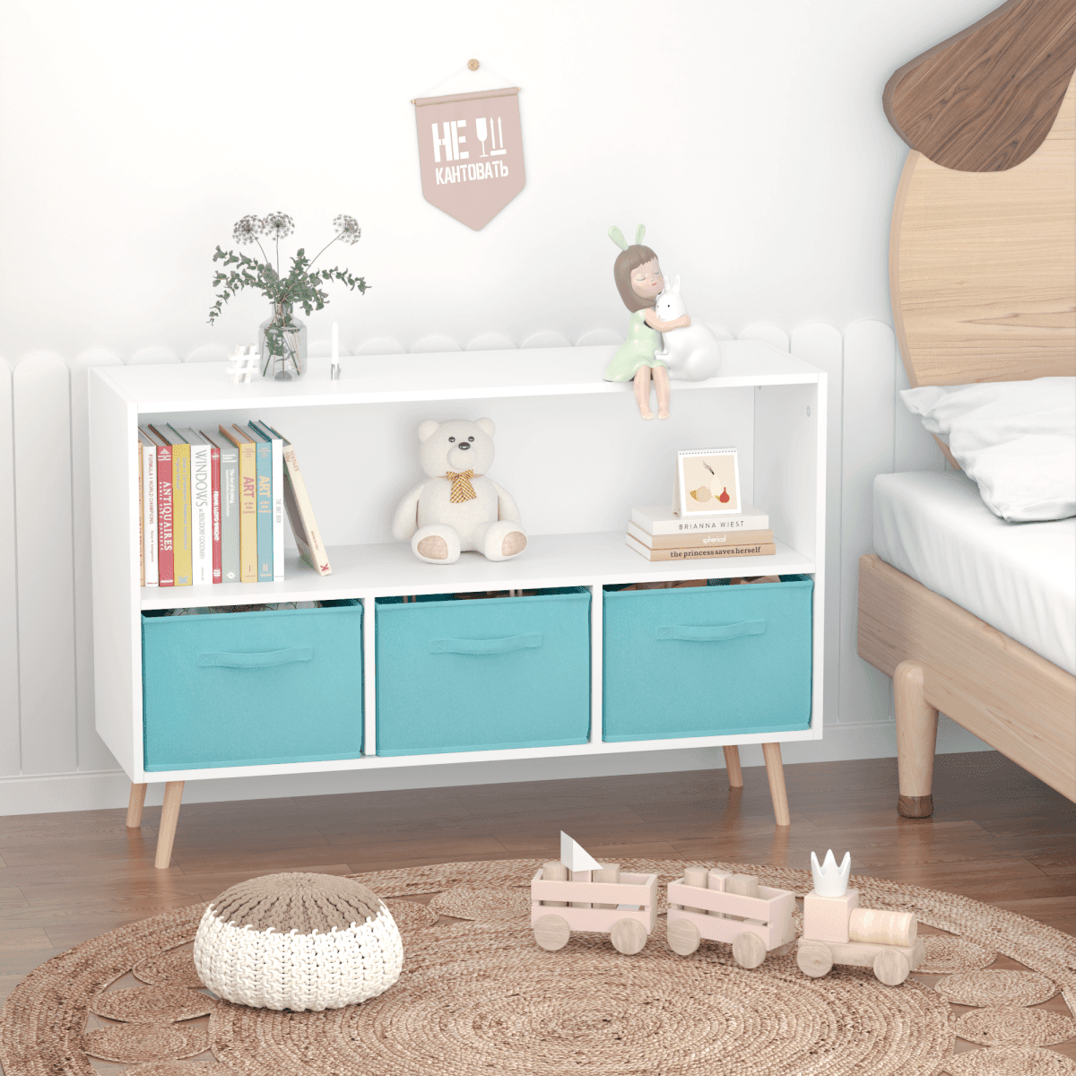 Kids MDF Bookcase With Collapsible Fabric Drawers - Sleep Galleria