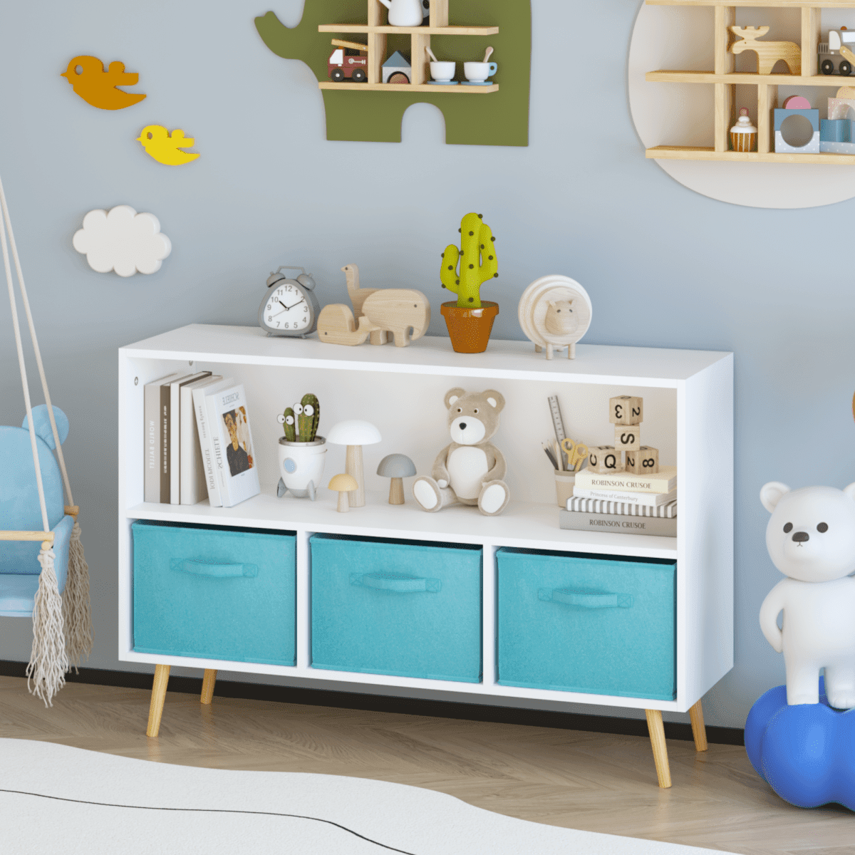 Kids MDF Bookcase With Collapsible Fabric Drawers - Sleep Galleria