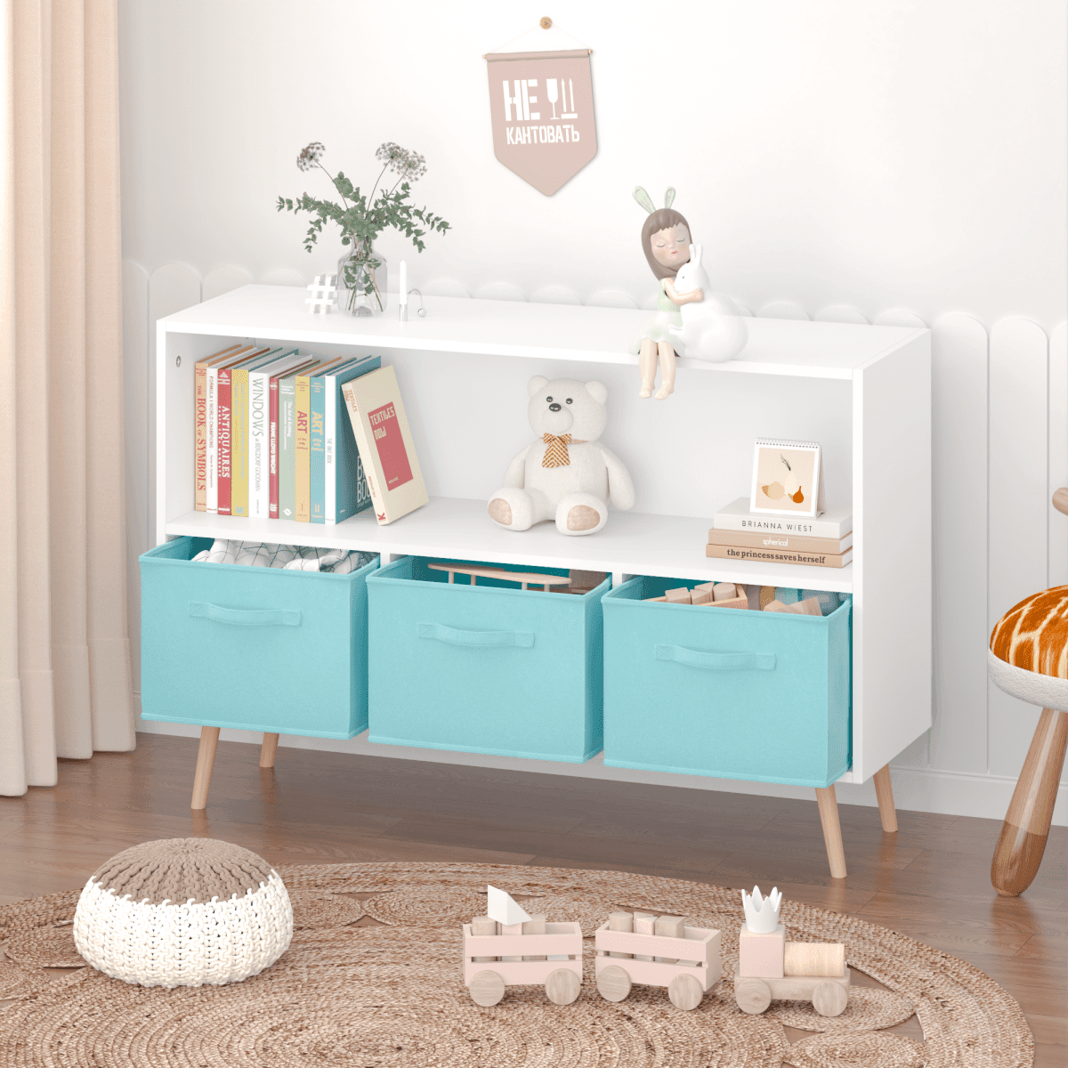 Kids MDF Bookcase With Collapsible Fabric Drawers - Sleep Galleria
