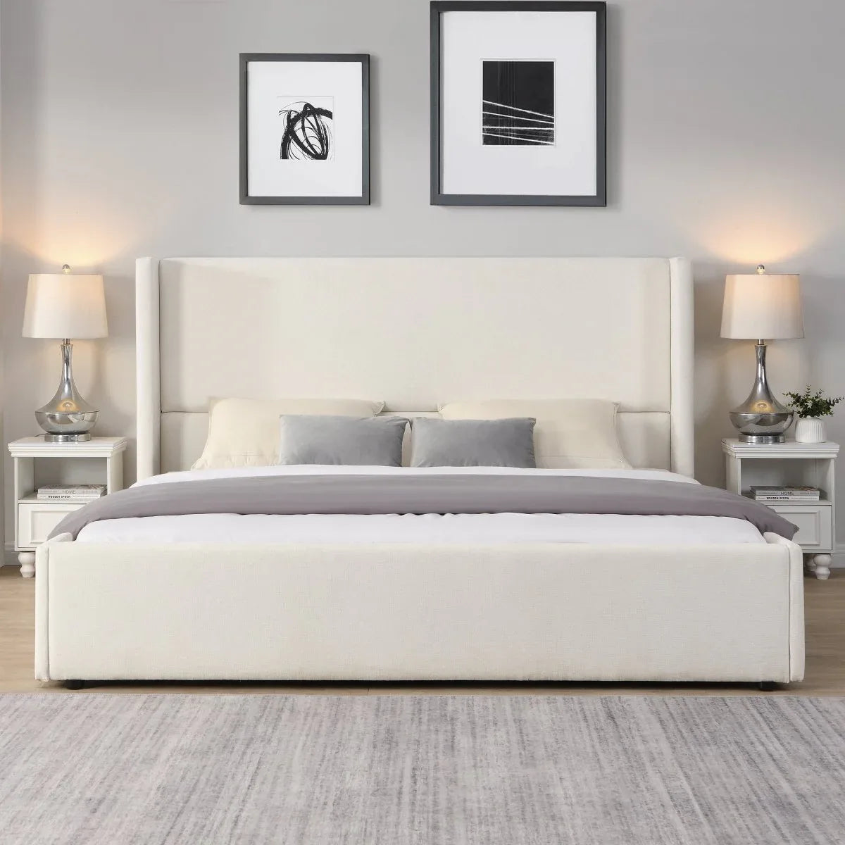 King White Fabric Upholstered Wingback Bed Frame - Omega Lifestyles
