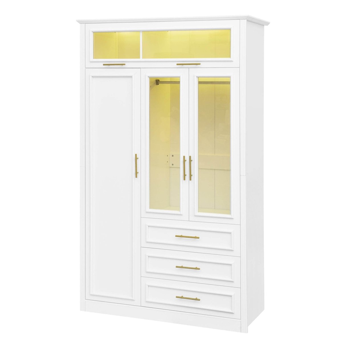 LED Illuminated White Pine Wood 4 Door Wardrobe Armoire - Driftwood - Omega Lifestyles