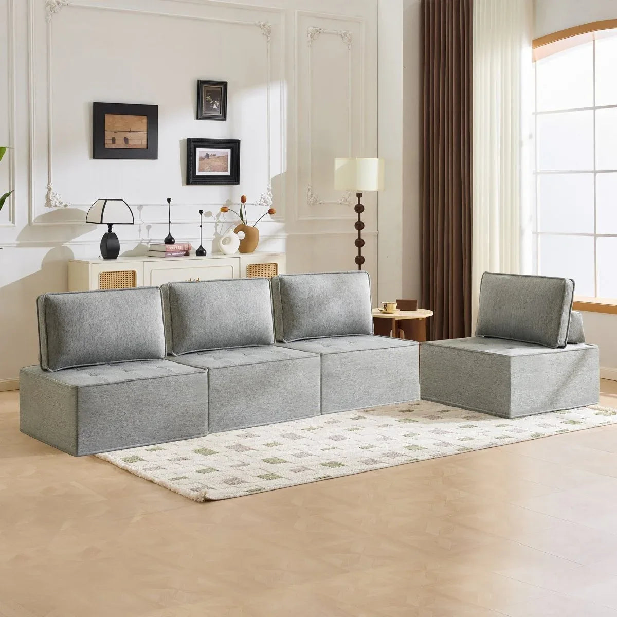 Light Grey Linen Wooden Frame Modular Sofa Chair - Omega Lifestyles