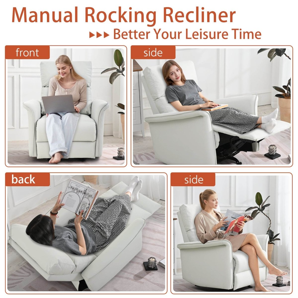 Manual Rocker Recliner Chair Gray Faux Leather Upholstered - Driftwood - Omega Lifestyles