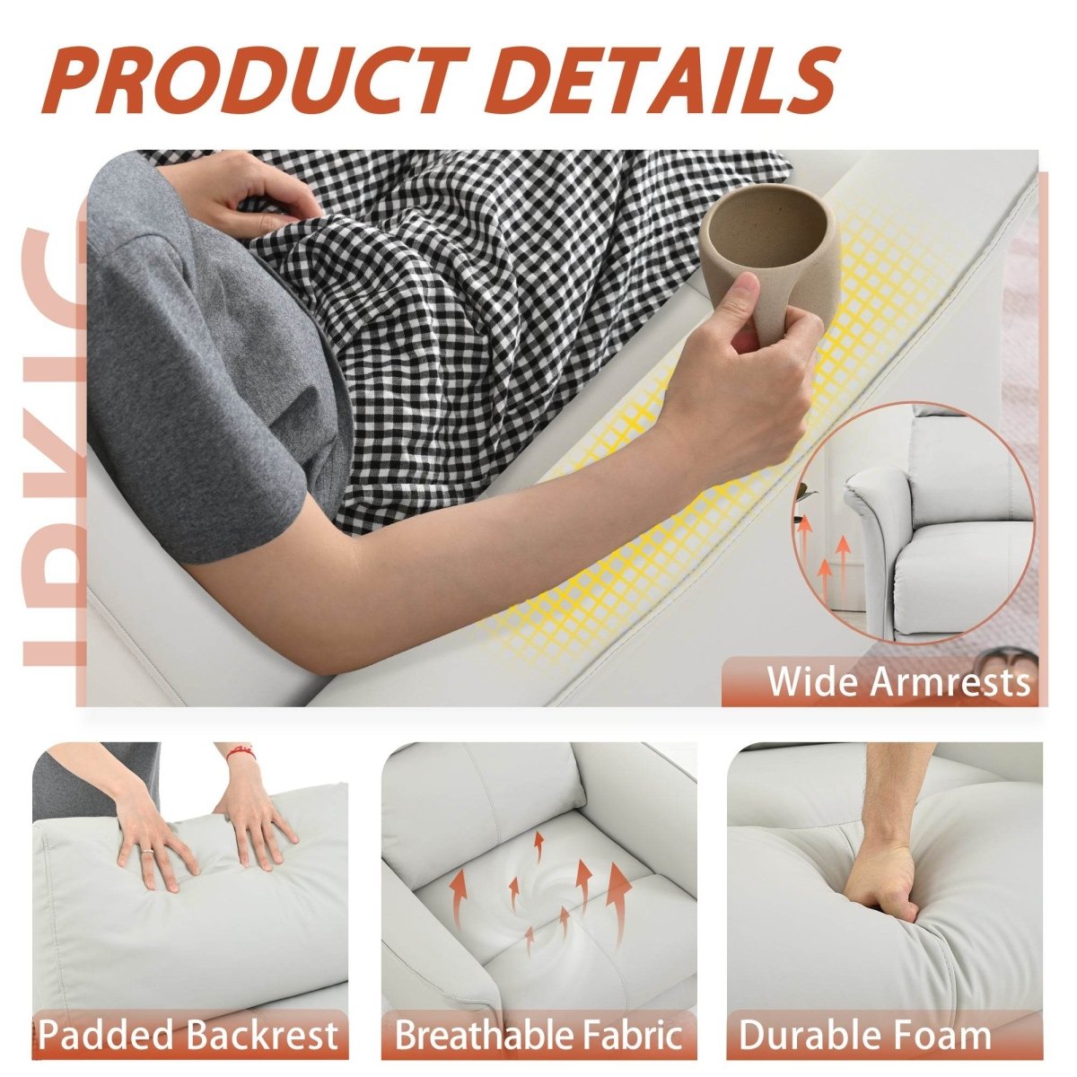 Manual Rocker Recliner Chair Gray Faux Leather Upholstered - Driftwood - Omega Lifestyles