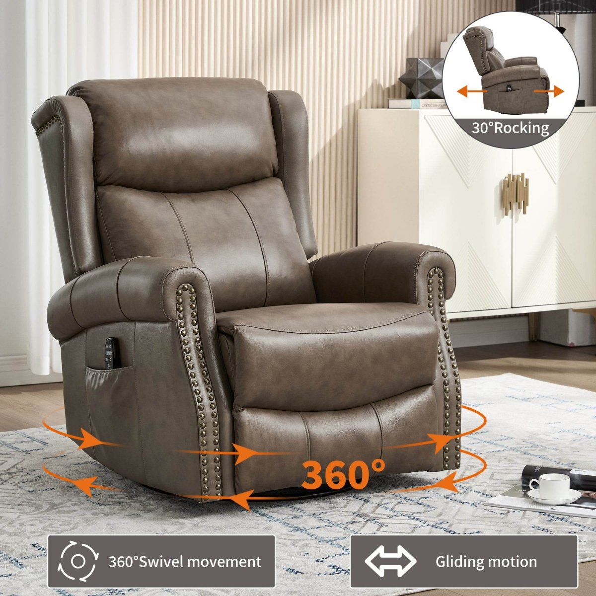 Medium - Firm Genuine Leather Heat Massage Recliner Chair - Driftwood - Omega Lifestyles