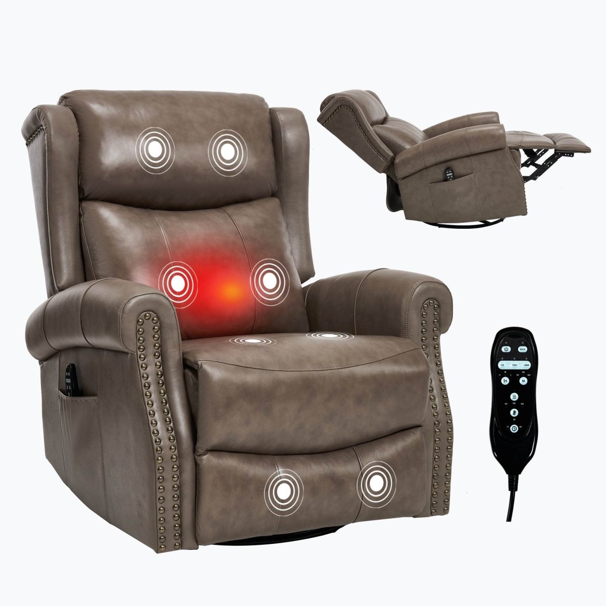 Medium - Firm Genuine Leather Heat Massage Recliner Chair - Driftwood - Omega Lifestyles