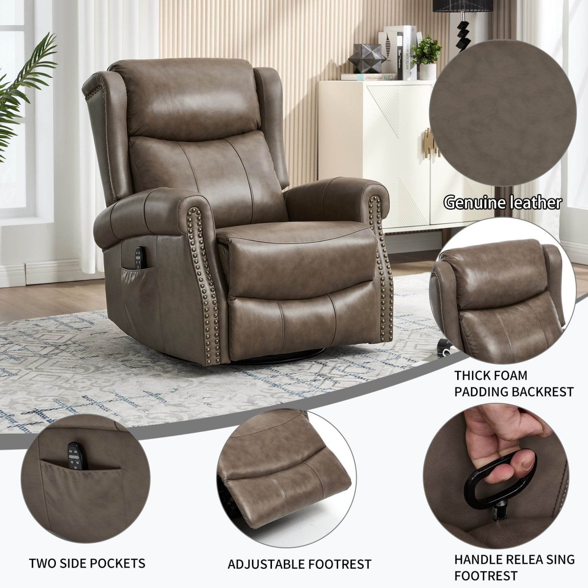 Medium - Firm Genuine Leather Heat Massage Recliner Chair - Driftwood - Omega Lifestyles