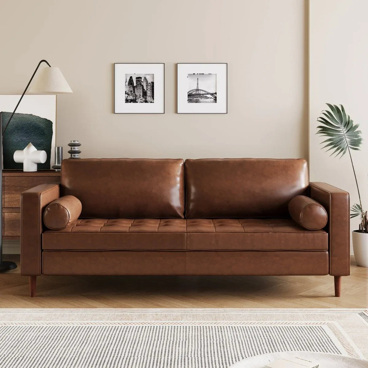 Mid-Century Modern PU Leather 3-Seat Sofa With Pillows - Omega Lifestyles