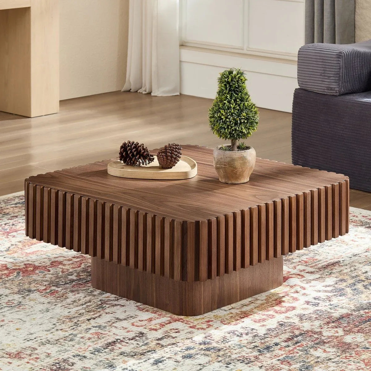 Modern 36-Inch Square Walnut Wood Veneer Coffee Table - Omega Lifestyles