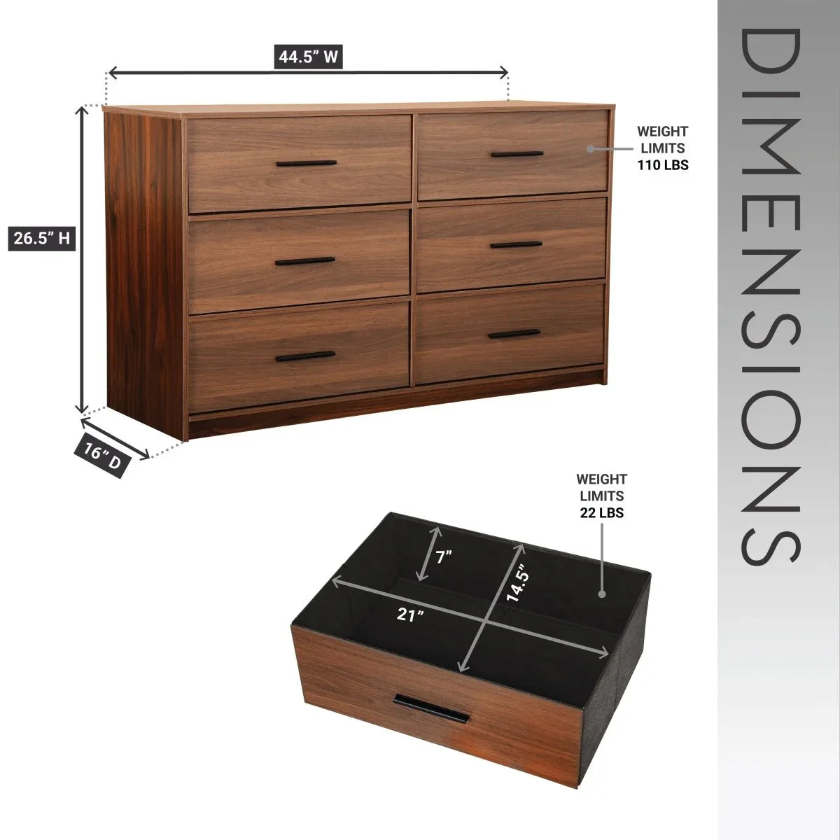 Modern 6-Drawer Fabric Dresser With Walnut Finish - Omega Lifestyles
