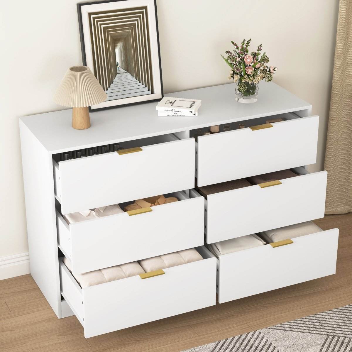 Modern 6-Drawer White Particle Board Dresser - Sleep Galleria