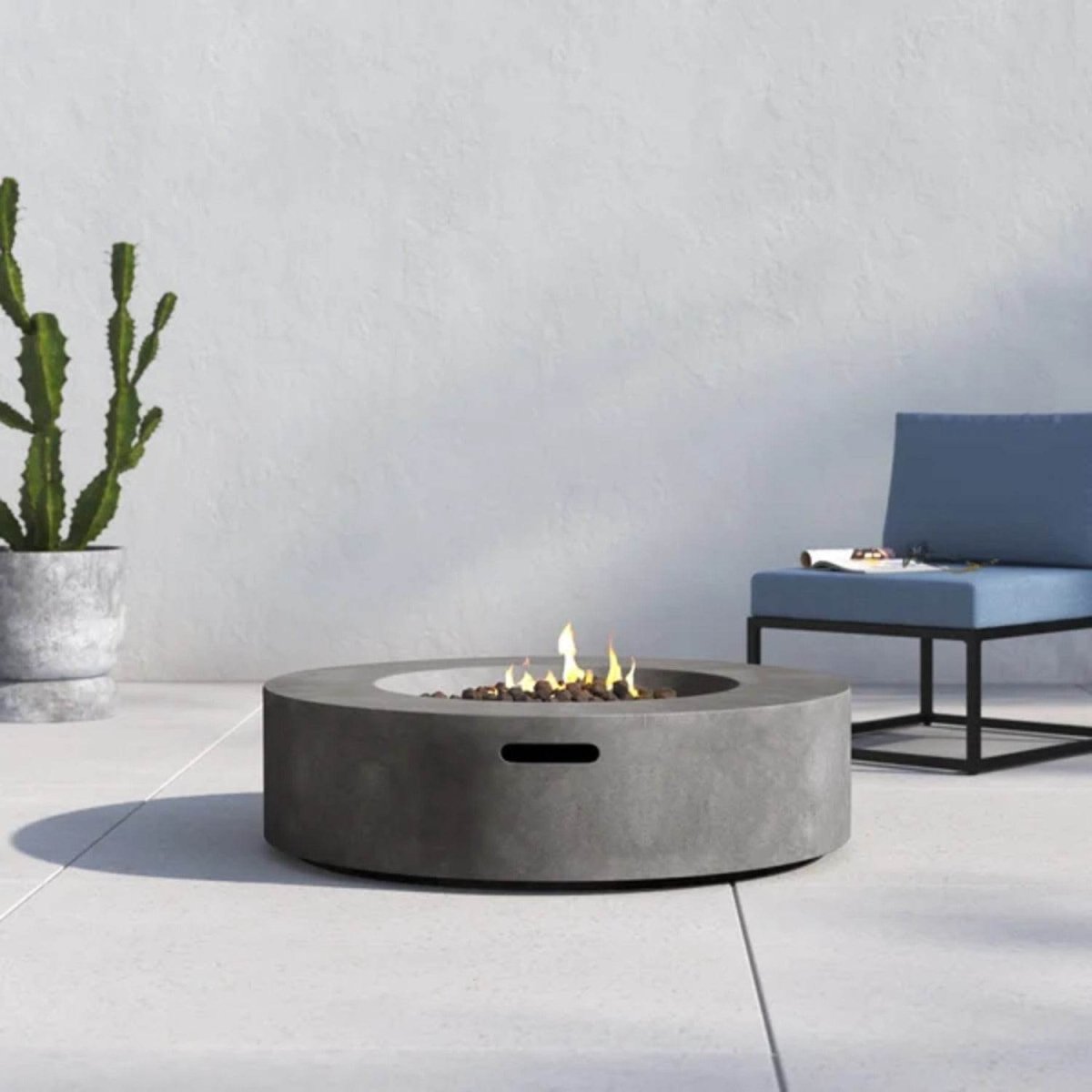 Modern Concrete Outdoor Fire Pit Table With Stainless Steel Burner - Driftwood - Omega Lifestyles