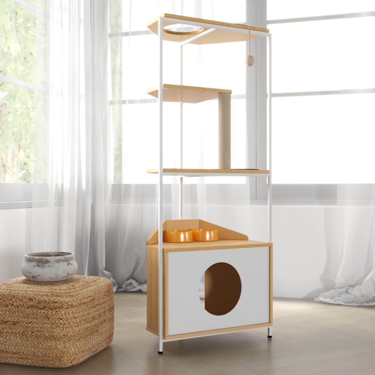 Modern Corner Cat Tower With Scratching Post And Condo - Driftwood - Omega Lifestyles