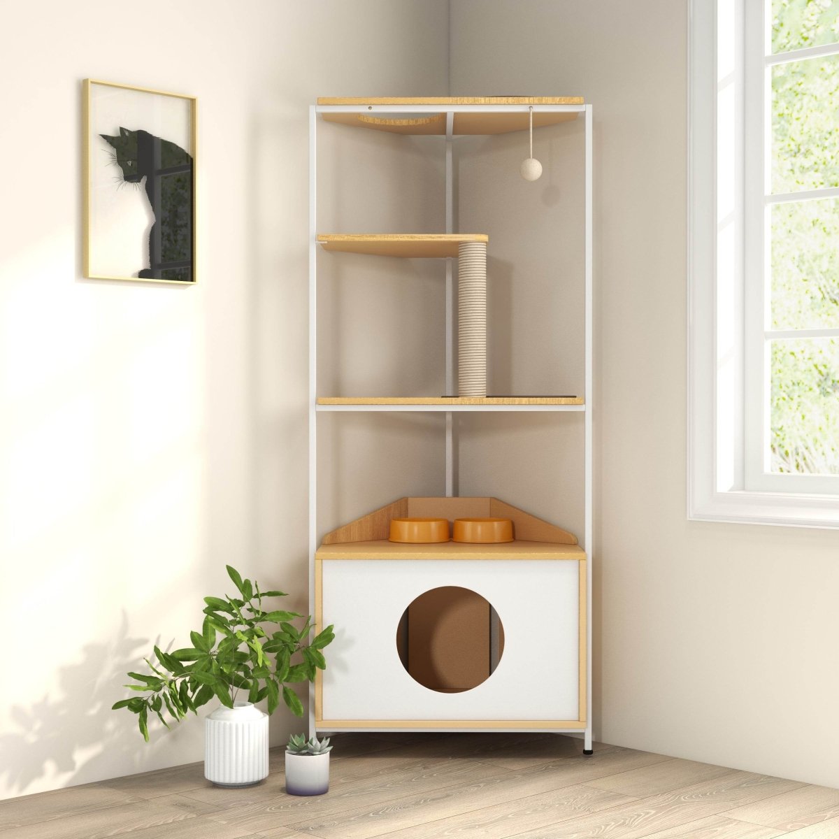 Modern Corner Cat Tower With Scratching Post And Condo - Driftwood - Omega Lifestyles