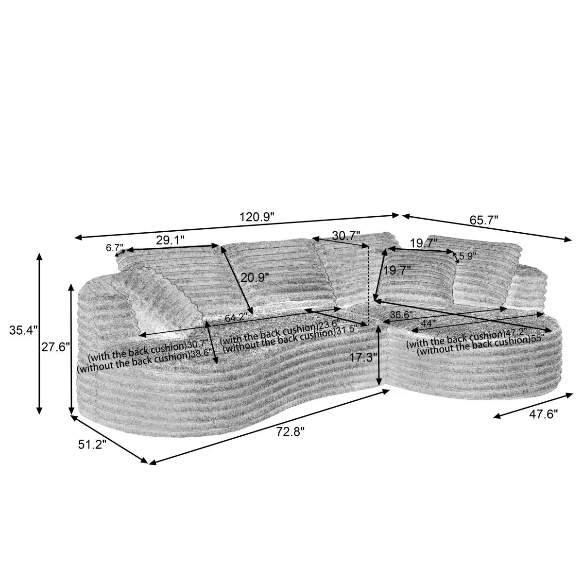 Modern Curved Corduroy 4-Seat Sectional Sofa Sleeper - Omega Lifestyles
