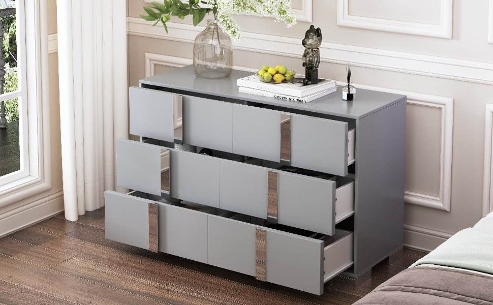 Modern Grey Dresser With Mirrored Metal Handles And 6 Drawers - Omega Lifestyles