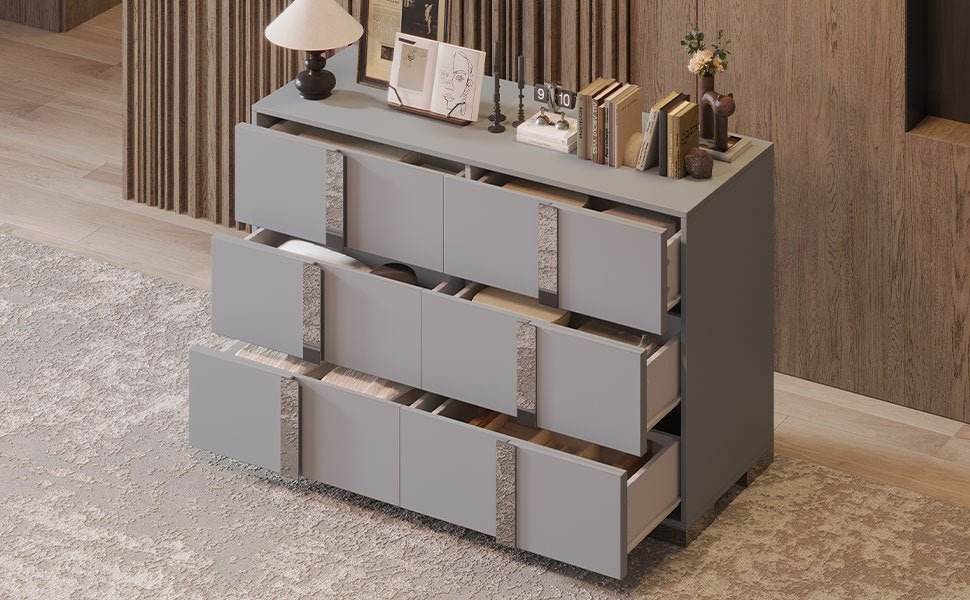 Modern Grey Dresser With Mirrored Metal Handles And 6 Drawers - Omega Lifestyles