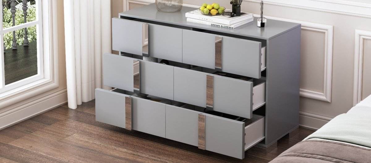 Modern Grey Dresser With Mirrored Metal Handles And 6 Drawers - Omega Lifestyles