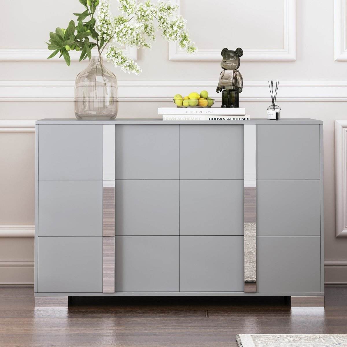 Modern Grey Dresser With Mirrored Metal Handles And 6 Drawers - Omega Lifestyles