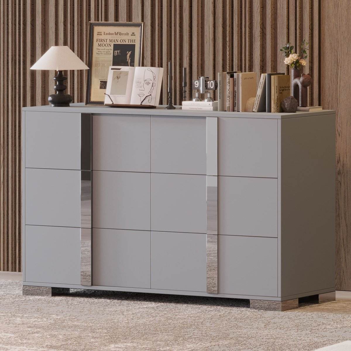 Modern Grey Dresser With Mirrored Metal Handles And 6 Drawers - Omega Lifestyles