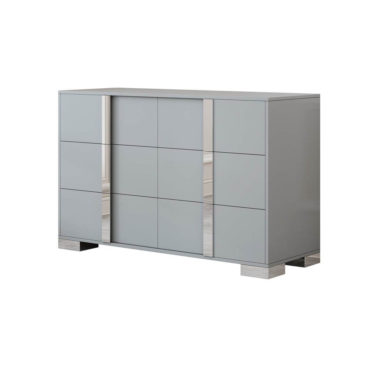 Modern Grey Dresser With Mirrored Metal Handles And 6 Drawers - Omega Lifestyles
