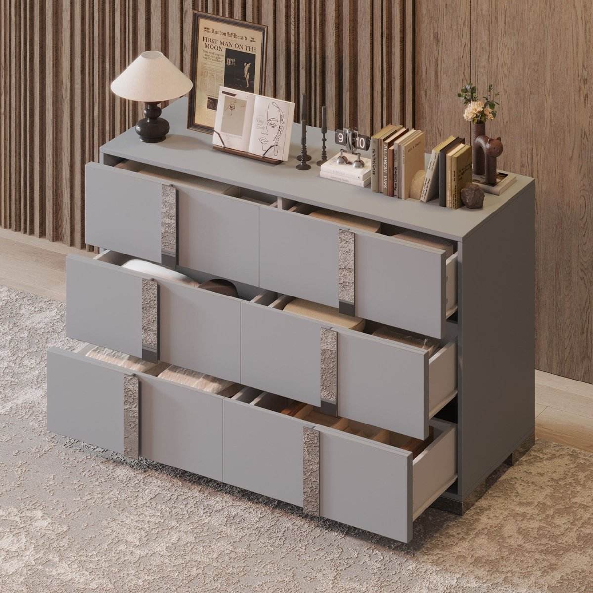 Modern Grey Dresser With Mirrored Metal Handles And 6 Drawers - Omega Lifestyles