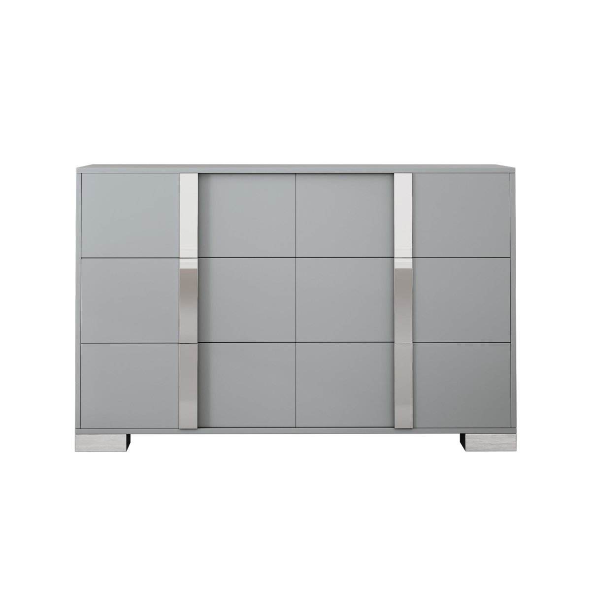 Modern Grey Dresser With Mirrored Metal Handles And 6 Drawers - Omega Lifestyles