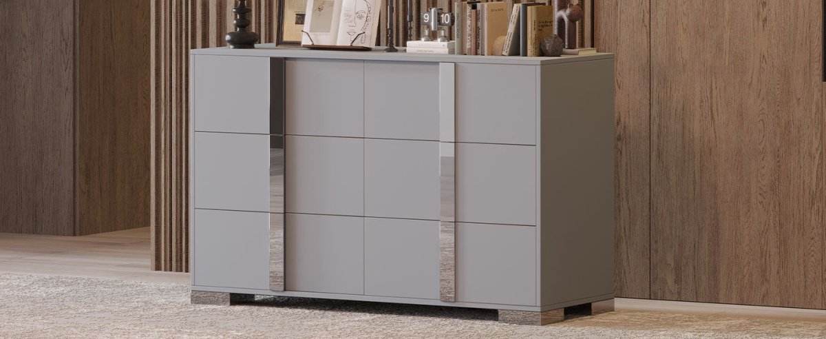 Modern Grey Dresser With Mirrored Metal Handles And 6 Drawers - Omega Lifestyles