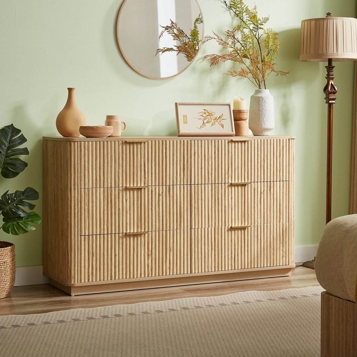 Modern Oak 6-Drawer Dresser With Wave-Textured Panels - Sleep Galleria