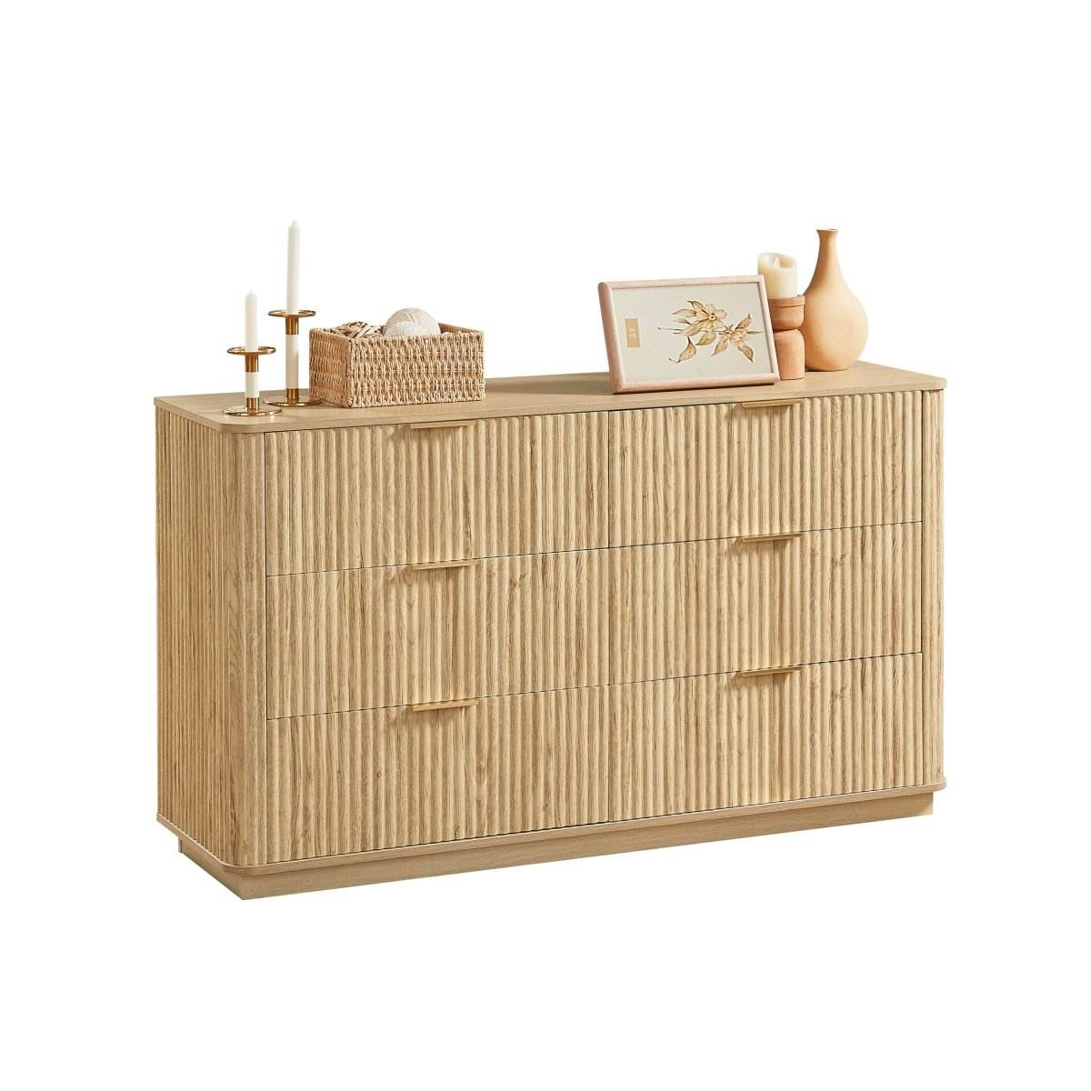 Modern Oak 6-Drawer Dresser With Wave-Textured Panels - Sleep Galleria