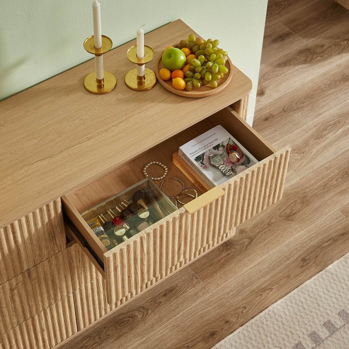 Modern Oak 6-Drawer Dresser With Wave-Textured Panels - Sleep Galleria