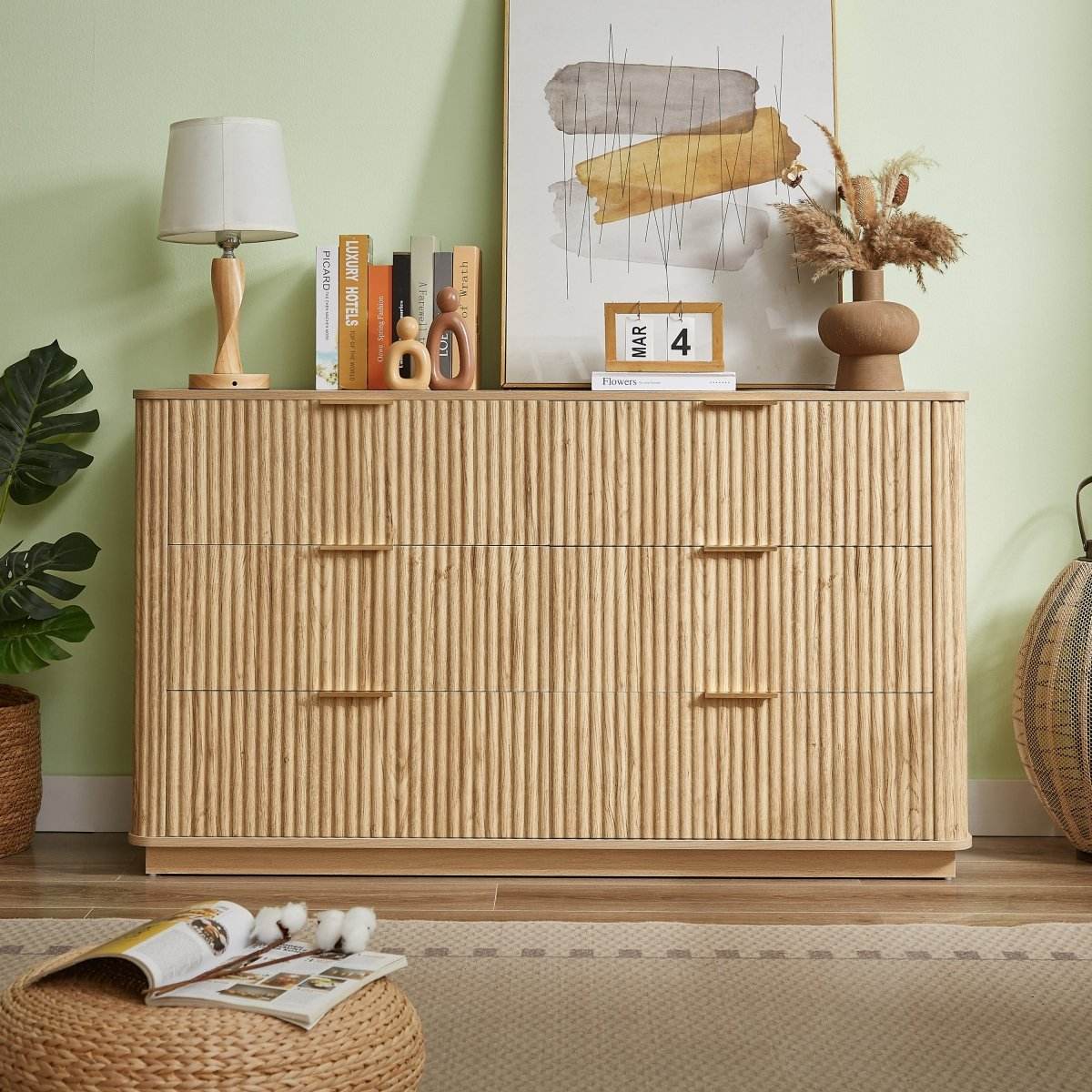 Modern Oak 6-Drawer Dresser With Wave-Textured Panels - Sleep Galleria