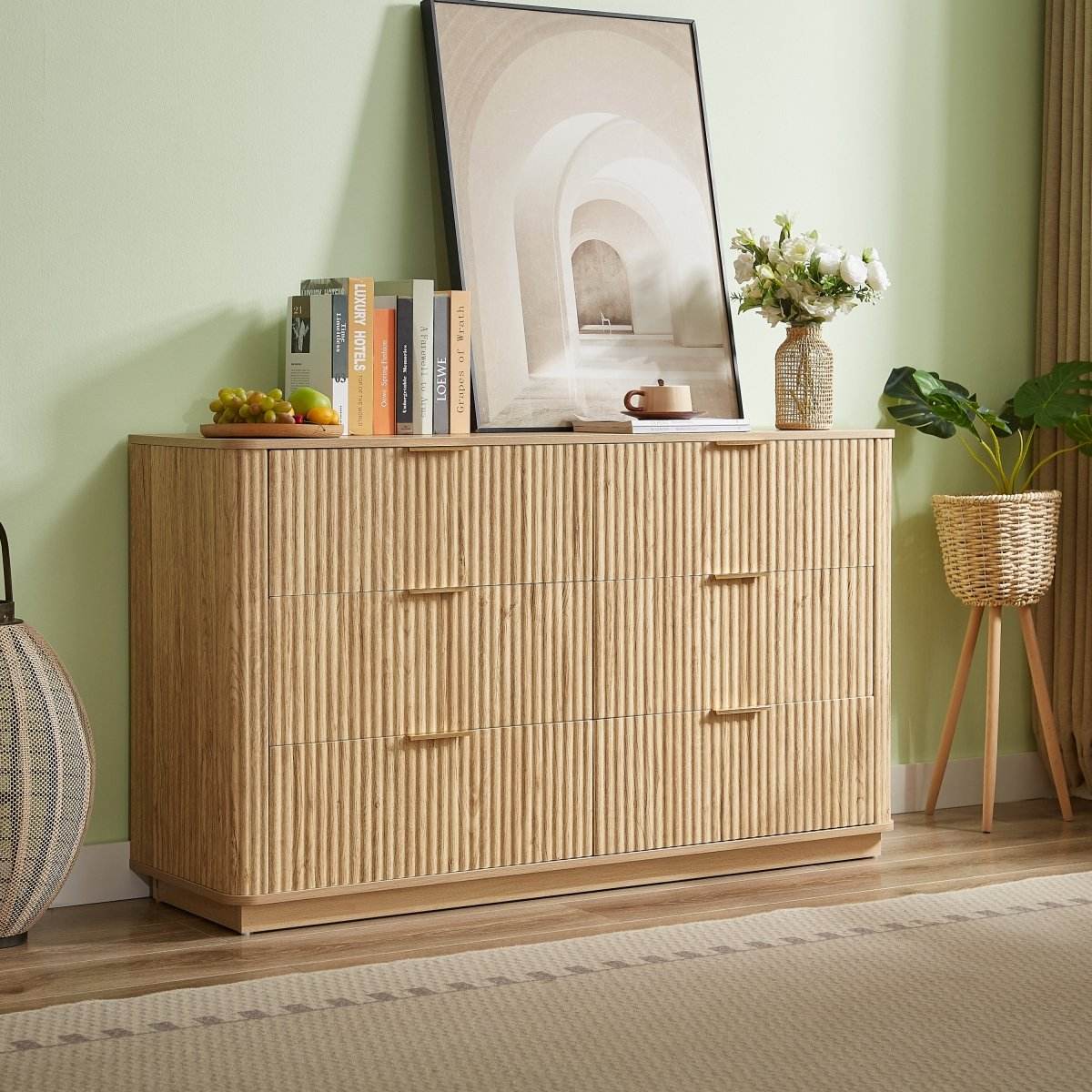 Modern Oak 6-Drawer Dresser With Wave-Textured Panels - Sleep Galleria