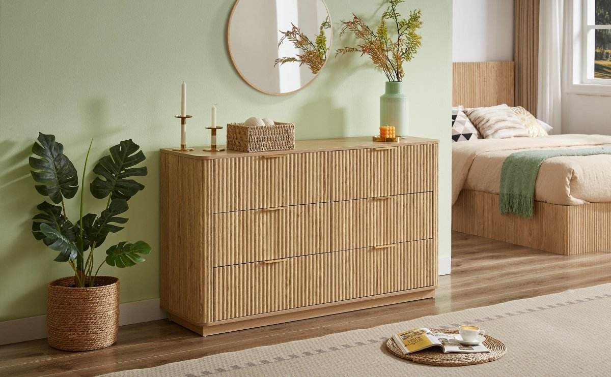 Modern Oak 6-Drawer Dresser With Wave-Textured Panels - Sleep Galleria