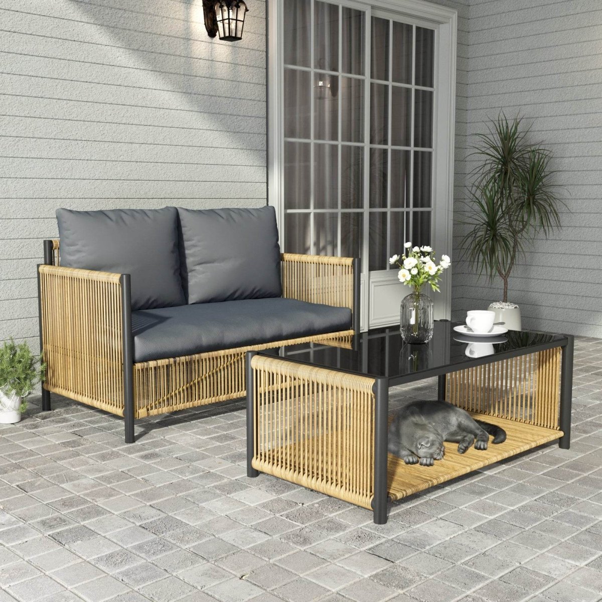 Modern Outdoor PE Rattan 2-Seater Sofa Set With Table - Sleep Galleria