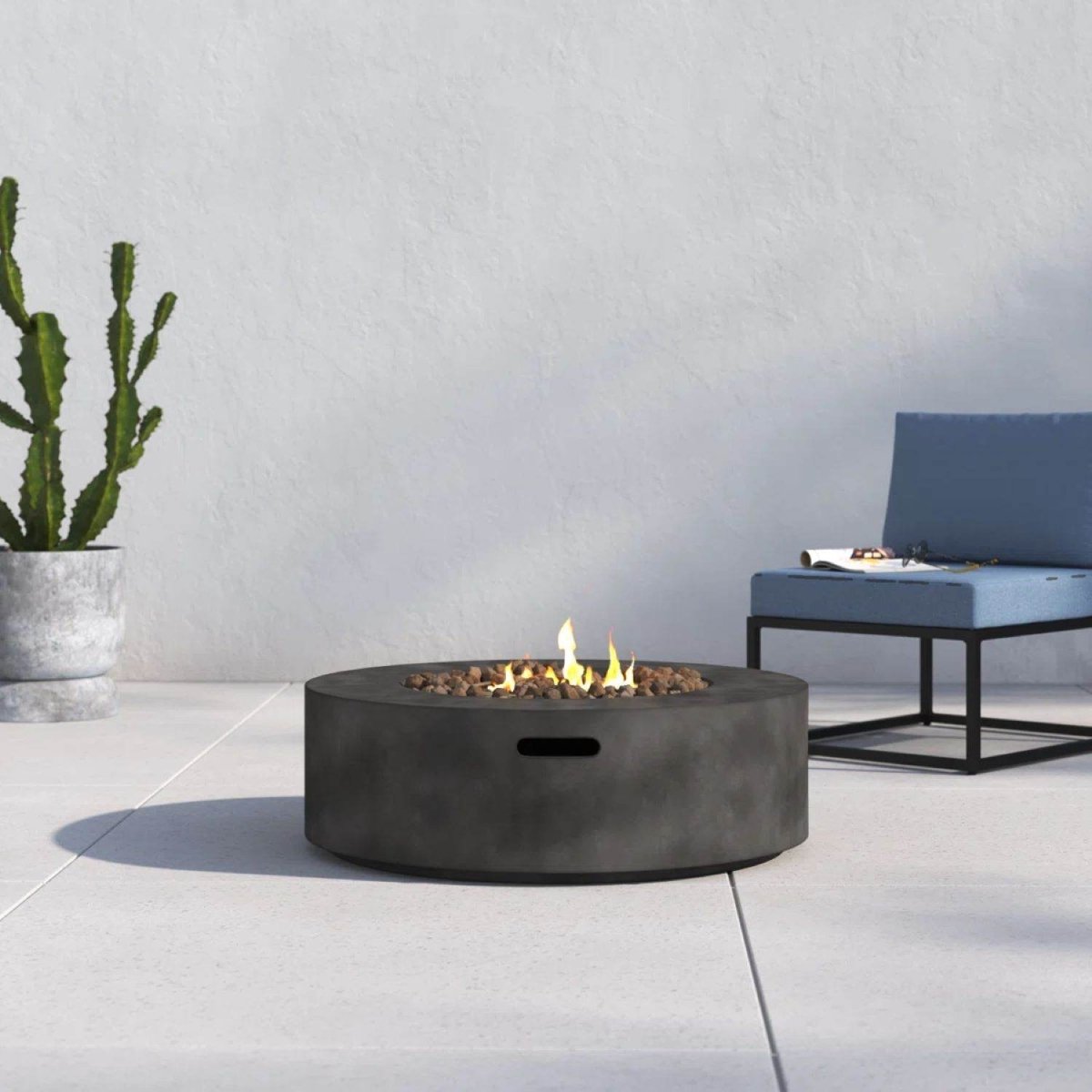 Modern Round Concrete Outdoor Fire Pit Table 12 - Inch - Driftwood - Omega Lifestyles