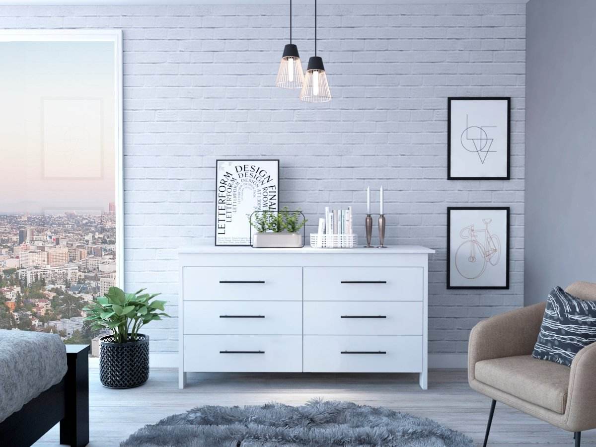 Modern Six Drawer White Particle Board Dresser - Sleep Galleria