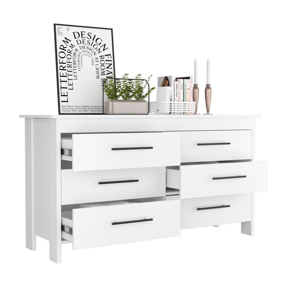 Modern Six Drawer White Particle Board Dresser - Sleep Galleria