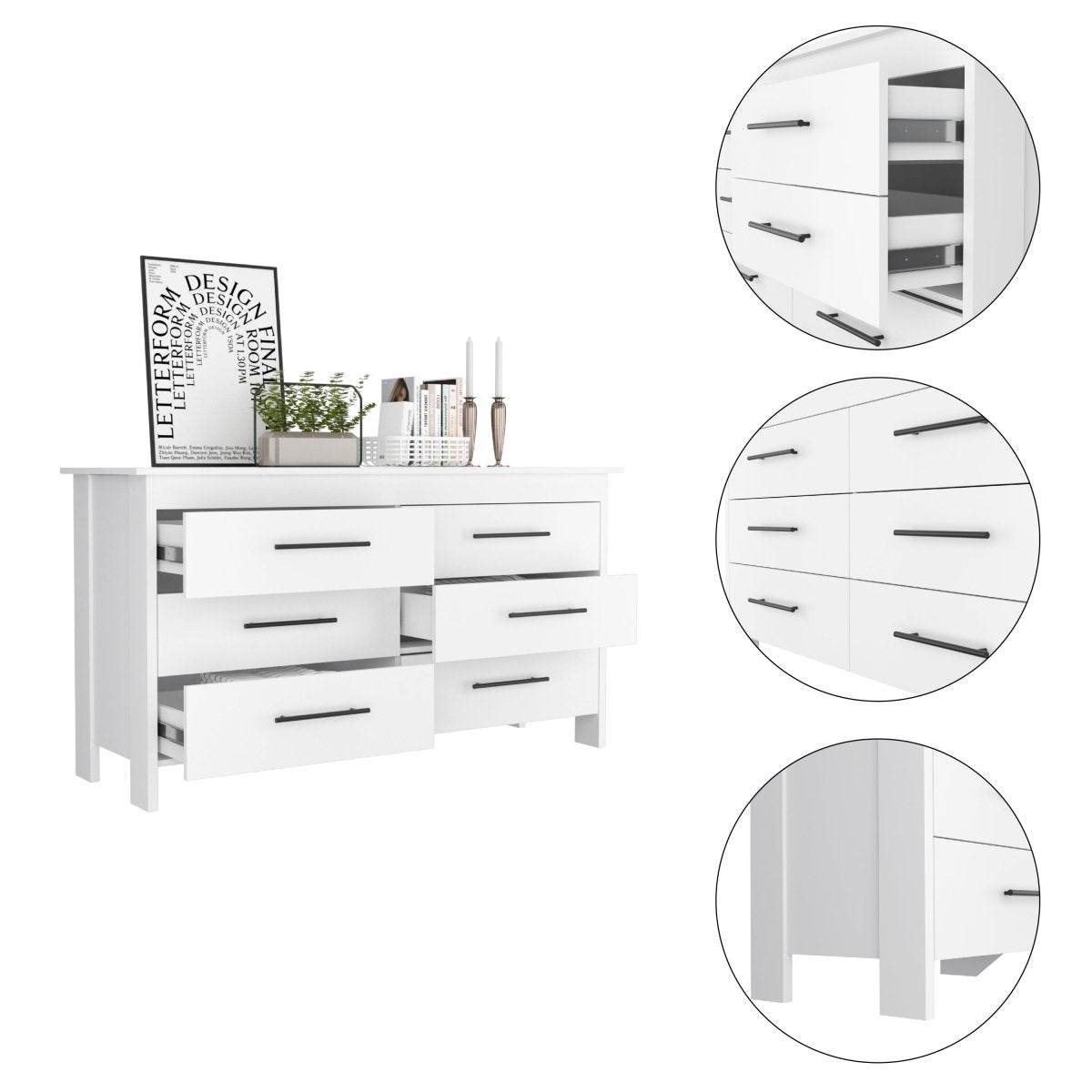 Modern Six Drawer White Particle Board Dresser - Sleep Galleria