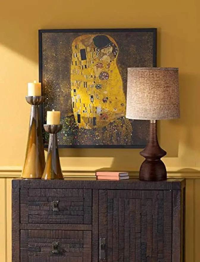 Modern Walnut Faux Wood Linen Drum Shade Table Lamp - Sleep Galleria